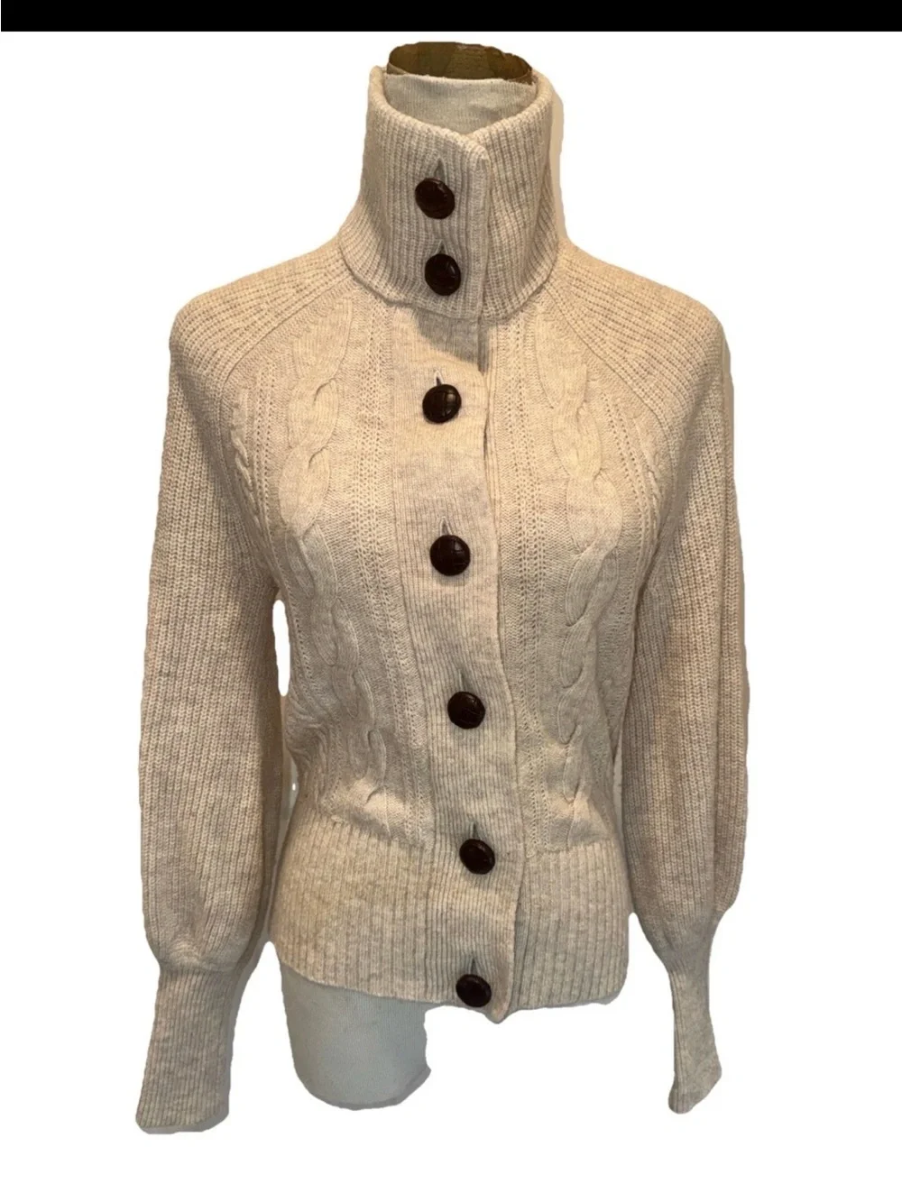 J Crew Balloon Sleeve Cable Knit Cardigan In Heather Oatmeal Beige XXS Lambswool
